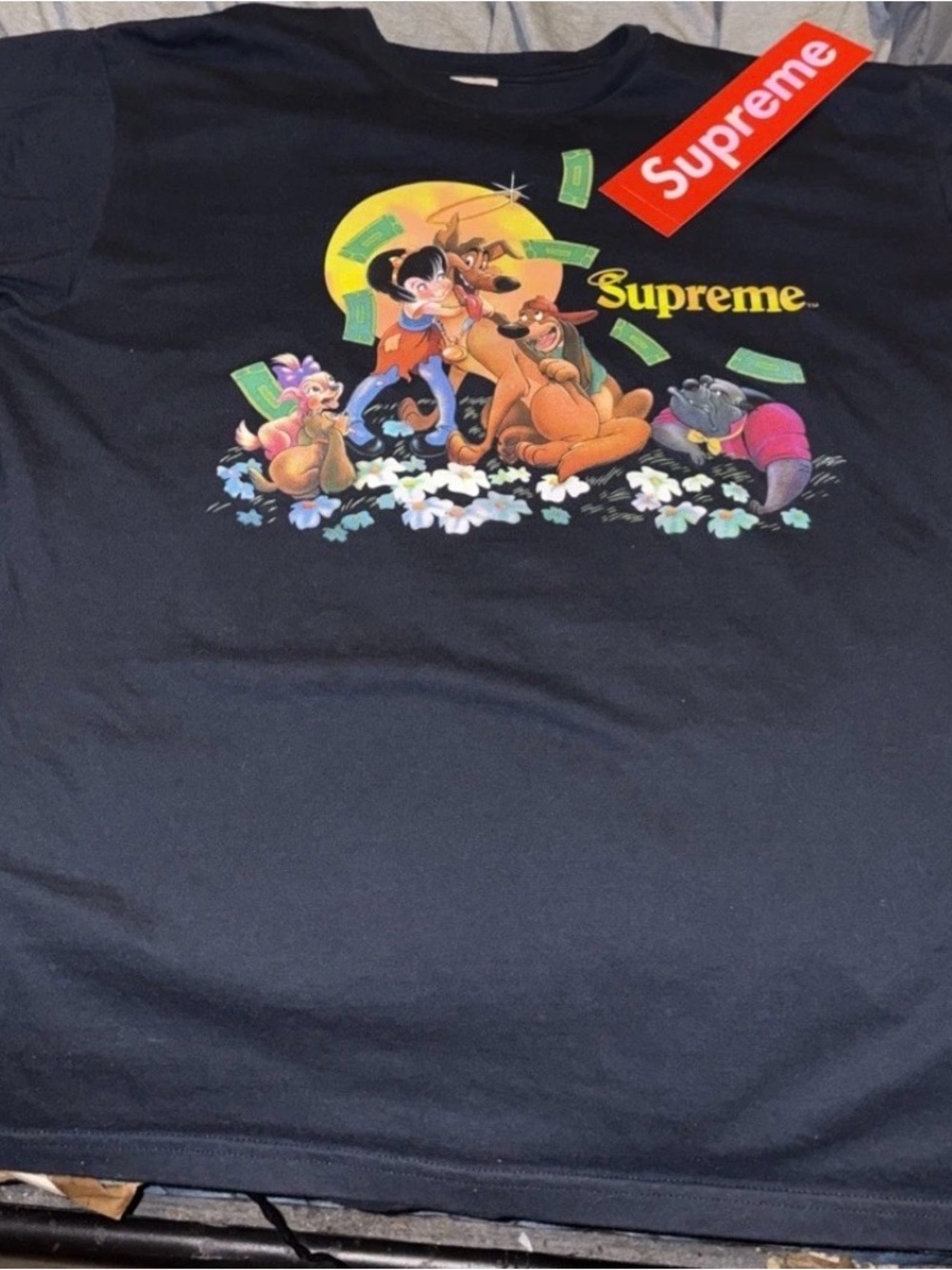 Supreme Black Short-Sleeve Tee with Colorful Cartoon Graphic